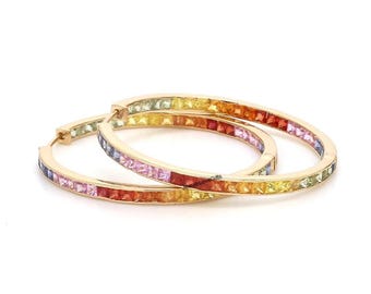 14K Gold Rainbow Sapphire Hoops Earrings, Princess Cut Multi Sapphire Earrings, Multi Birthstone Earrings, Anniversary Gift Earrings For Her