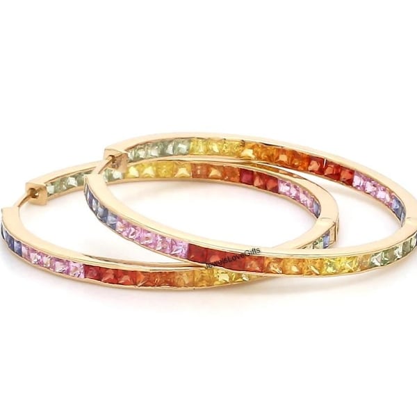 14K Gold Regenbogen Saphir Creolen Ohrringe, Princess Cut Multi Saphir Ohrringe, Multi Birthstone Ohrringe, Jubiläumsgeschenk Ohrringe für Sie