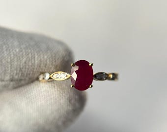 14K Gold Ruby Stacking Ring: Vintage Style Diamond Accent