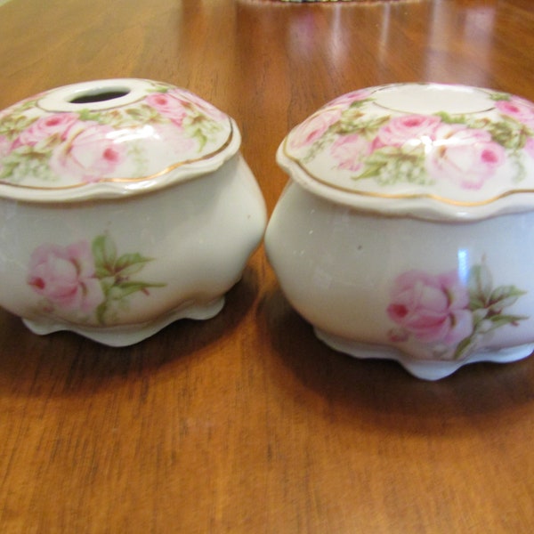 Antique Rose Gold Leaf Floral Dresser Powder Dish, Hair Receiver Porcelain Set