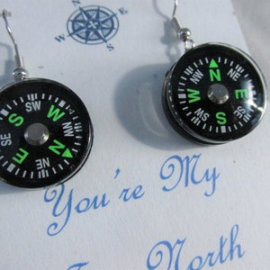 Real COMPASS Mini Black Earrings &quot;You&#39;re My True North&quot; Gift Card Earrings