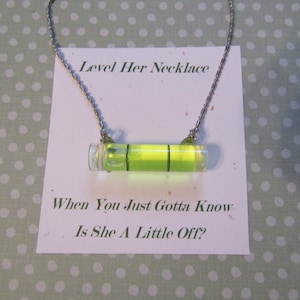 May include: A silver chain necklace with a small, neon green level attached. The level is encased in clear plastic. The necklace is displayed on a card that reads "Level Her Necklace" and "When You Just Gotta Know Is She A Little Off?"