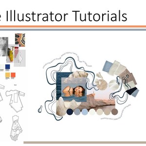 May include: A fashion design mood board featuring a woman's outfit, fabric swatches, and a coat design. The mood board includes a photo of a woman in a swimsuit in the water, a colour palette, and the text "Adobe Illustrator Tutorials".