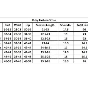 Puede incluir: Tabla de tallas para ropa con medidas en pulgadas para el busto, la cintura, la cadera, la longitud de las mangas, los hombros y la longitud total. Las tallas incluyen XXS, XS, Small, Medium, Large, XL, XXL y XXXL.