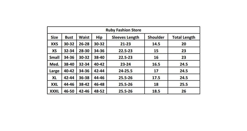 Puede incluir: Tabla de tallas para ropa con medidas en pulgadas para el busto, la cintura, la cadera, la longitud de las mangas, los hombros y la longitud total. Las tallas incluyen XXS, XS, Small, Medium, Large, XL, XXL y XXXL.