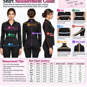 May include: A shirt measurement guide featuring a black long-sleeve button-down shirt shown from front, back, and side views. The graphic includes numbered diagrams for bust, waist, hip, arm length, shoulder, and back length, plus a size chart in inches.