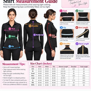 May include: A shirt measurement guide featuring a black long-sleeve button-down shirt shown from front, back, and side views. The graphic includes numbered diagrams for bust, waist, hip, arm length, shoulder, and back length, plus a size chart in inches.
