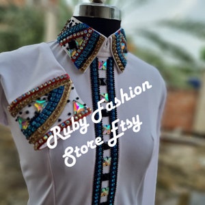 White Base Retro Shirt with Golden Aqua and ab+Coral Embellishments
