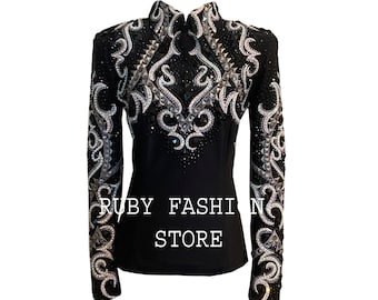 Camisa y chaqueta de riel para mujer con diseño de reina del rodeo personalizado del oeste, exhibición, equitación, exhibición de placer occidental.
