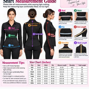 May include: A shirt measurement guide featuring a black long-sleeve button-down shirt shown from front, back, and side views. The graphic includes numbered diagrams for bust, waist, hip, arm length, shoulder, and back length, plus a size chart in inches.