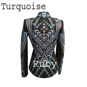May include: A dark brown long-sleeved jacket featuring the text Turquoise and Ruby. The garment is heavily embellished with geometric patterns of light blue, silver, and clear crystals arranged in symmetrical lines across the back and sleeves.