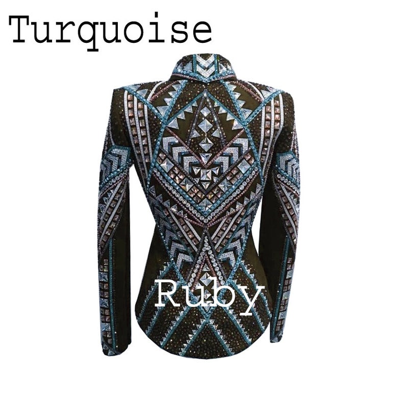 May include: A dark brown long-sleeved jacket featuring the text Turquoise and Ruby. The garment is heavily embellished with geometric patterns of light blue, silver, and clear crystals arranged in symmetrical lines across the back and sleeves.