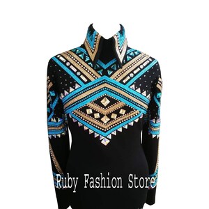 Blue+Golden Western Custom Rodeo Queen, Showmanship, Horsemanship , Western Pleasure Show Shirt & Women Rail Jacket.
