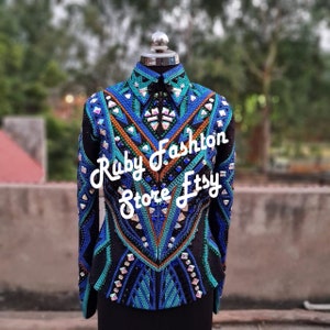 Amber, Blue and Turquoise Accents on Black Base Showmanship Jacket
