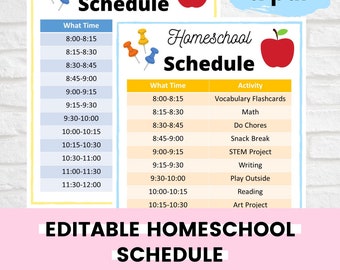 Op de afbeelding: Een printbare thuisschoolschema met een rode appel en duimspijkers. Het schema bevat tijden van 8:00 uur tot 12:00 uur en activiteiten zoals woordenschatkaarten, wiskunde, klusjes, snackpauze, STEM-project, schrijven, buiten spelen, lezen en kunstproject.