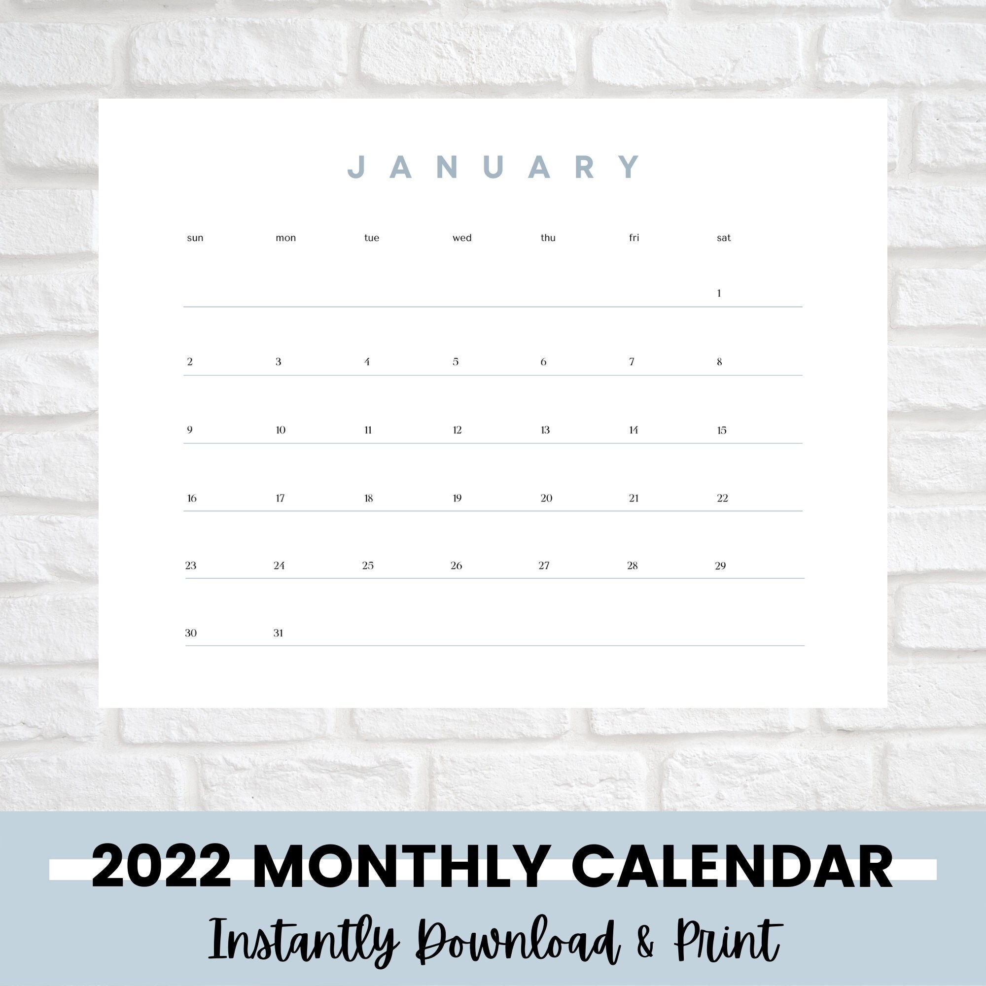 2022 monthly calendar printable instant download calendar etsy
