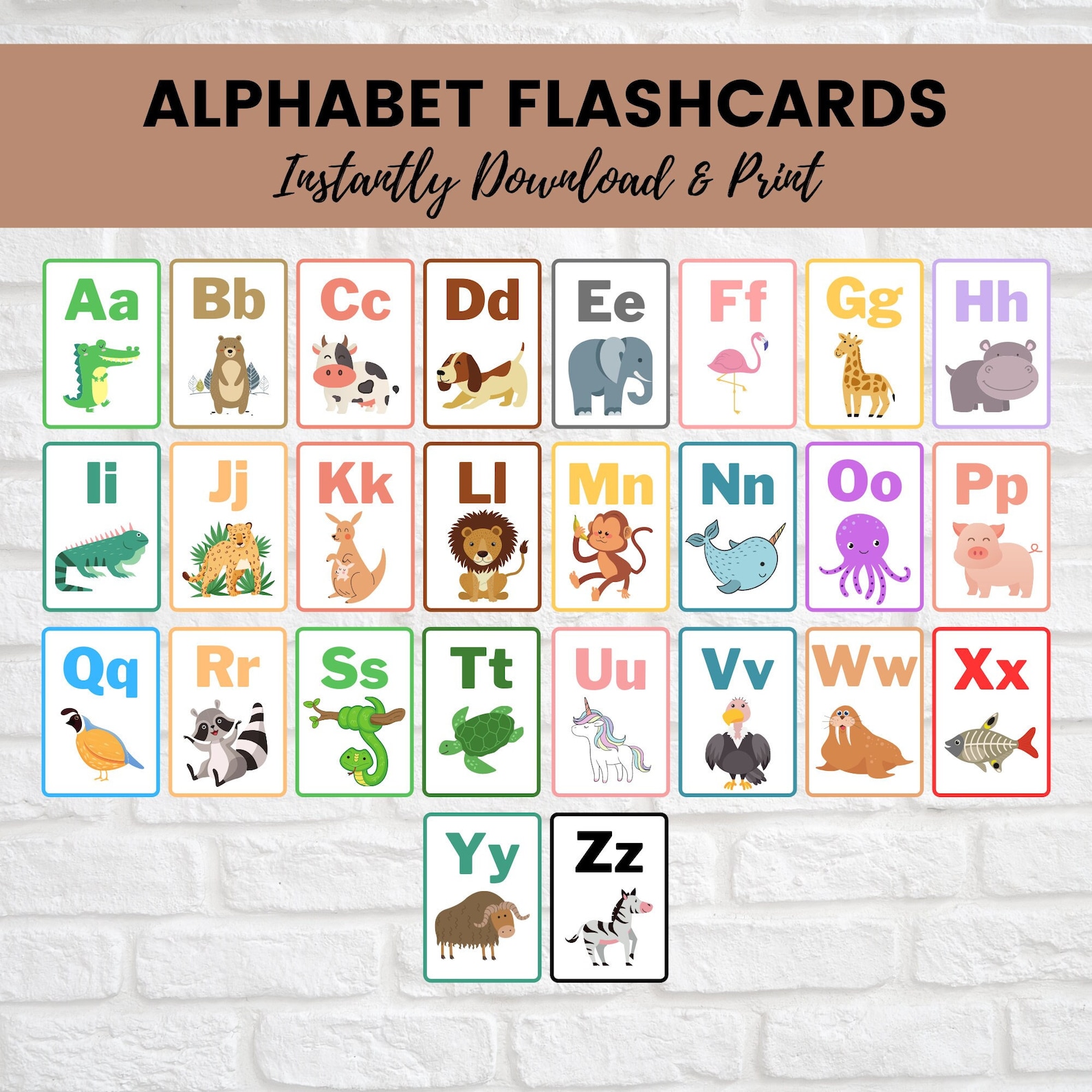 Animal Alphabet Flashcards, Printable Letter Flash Cards, Homeschool ...