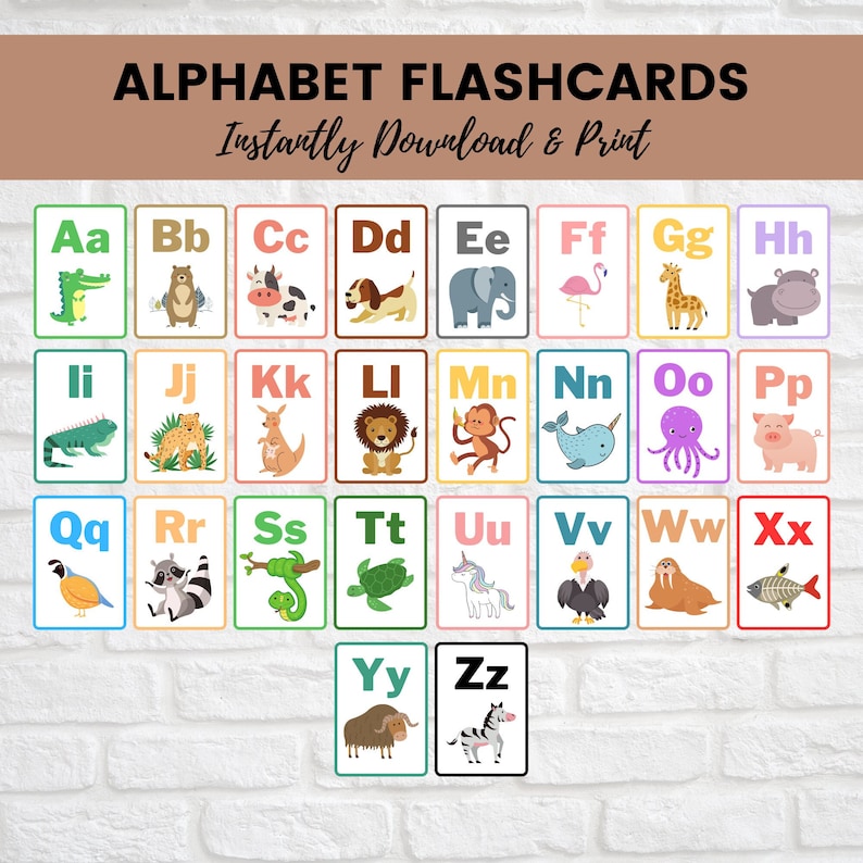 Animal Alphabet Flashcards, Printable Letter Flash Cards, Homeschool