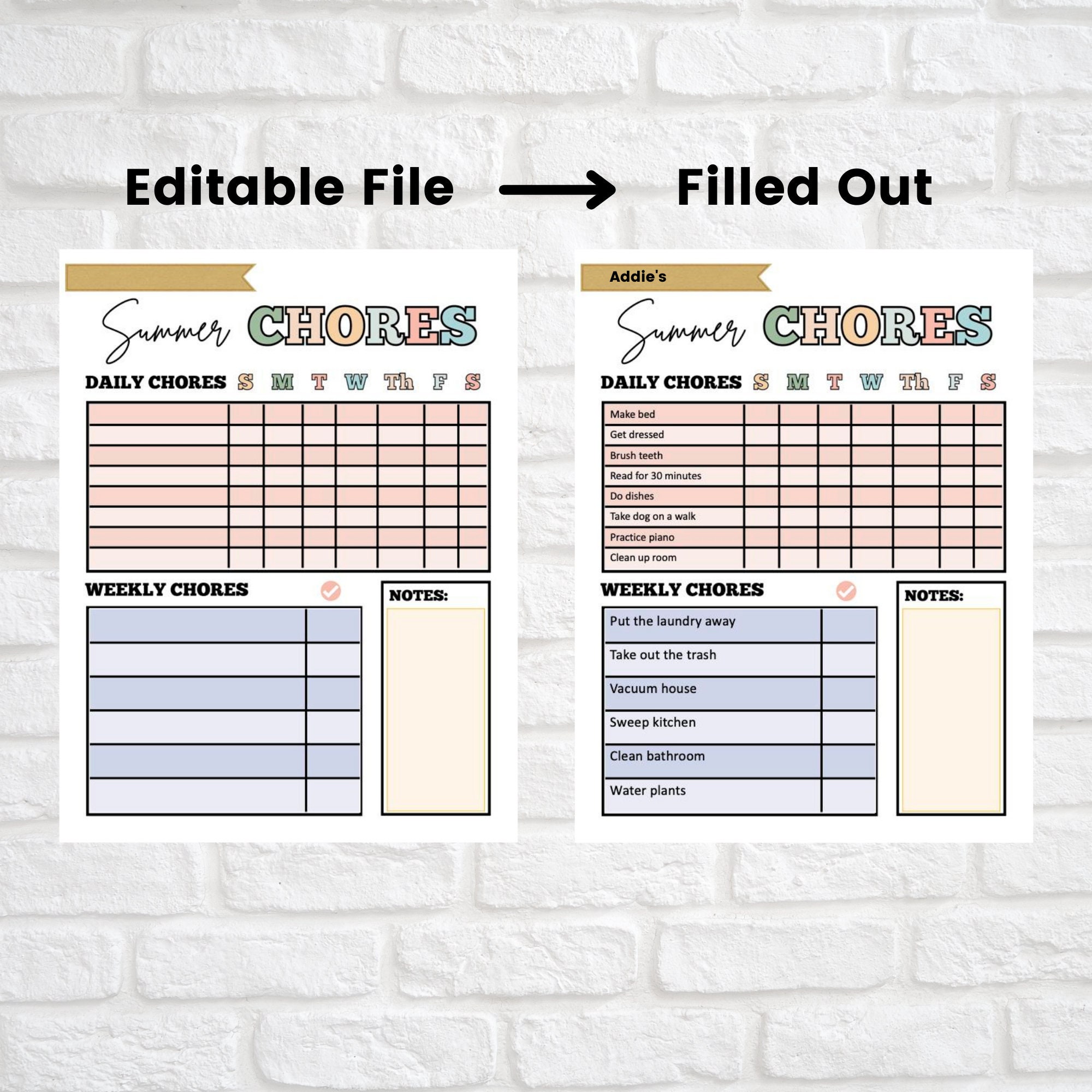 Editable Summer Chore Chart for Kids Printable Weekly Routine Etsy