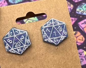 Goujons violets et bleus scintillants d20 en résine acrylique avec des chiffres blancs - sans nickel - Livraison gratuite