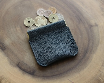 Black Leather Coin Purse : Personalized Squeeze Coin Holder