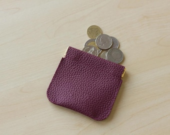 Maroon Leather Coin Purse : Personalized Squeeze Coin Holder