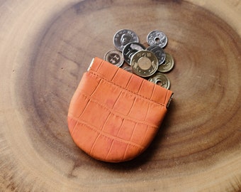 Orange Personalized  Arch Leather Coin Pouch, Coin Holder, Leather Squeeze Coin Pouch, Small Leather Coin Pouch, Change Purse