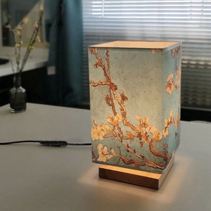 Japanese Style Square Solid Wood Table Lamp/ Retro Night Light/ Pastoral Retro Lamp/ Solid Wood Table Lamp/ Gift Lamp/ Apricot blossom