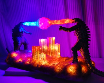 Monster battle, Godzilla vs. Mechagodzilla, atomic breath, monster night light, handmade gifts, handmade Christmas gifts for boys