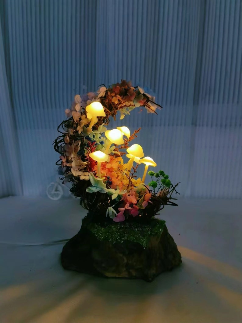 Original Tree Vine Moon Mushroom Lamp Beautiful Dried Flower Mushroom Lamp Gift for Her Unique Gift Children's Room Decor image 1