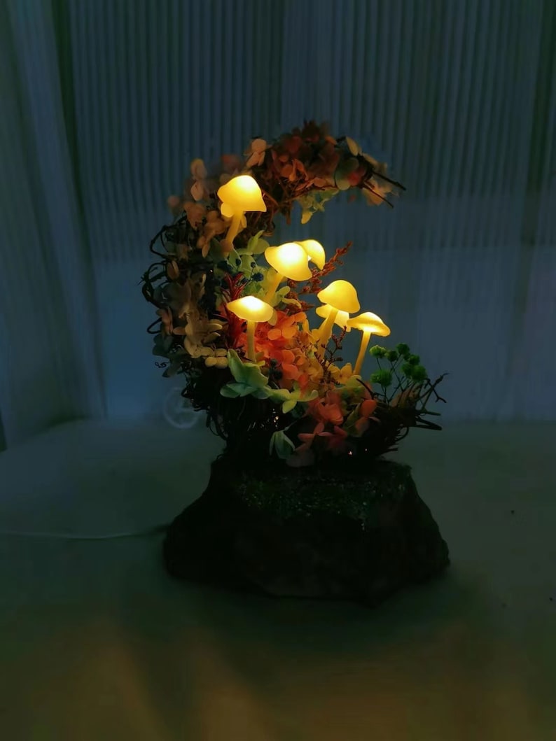 Original Tree Vine Moon Mushroom Lamp Beautiful Dried Flower Mushroom Lamp Gift for Her Unique Gift Children's Room Decor image 6