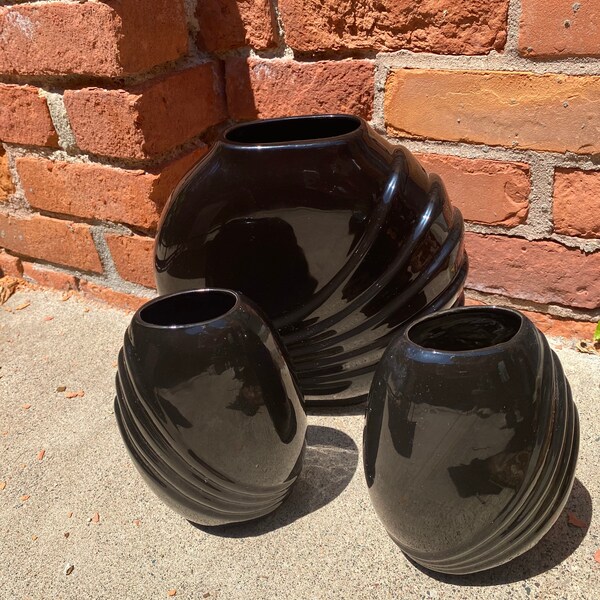 Vintage Onyx Black Ceramic Large + Small Vase Set