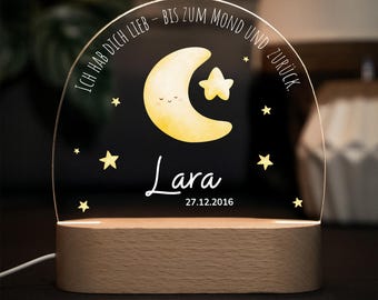 Dimmable acrylic night light, bedside lamp for babies and children. Personalized with name, date of birth, and saying.