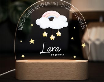 Dimmable acrylic night light, bedside lamp for babies and children. Personalized with name, date of birth, and saying.