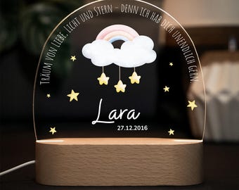Dimmable acrylic night light, bedside lamp for babies and children. Personalized with name, date of birth, and saying.