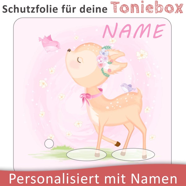 Toniebox Schutzfolie mit Namen personalisierbar | Reh Kitz mit Vögeln und Blumen | Schutz Folie