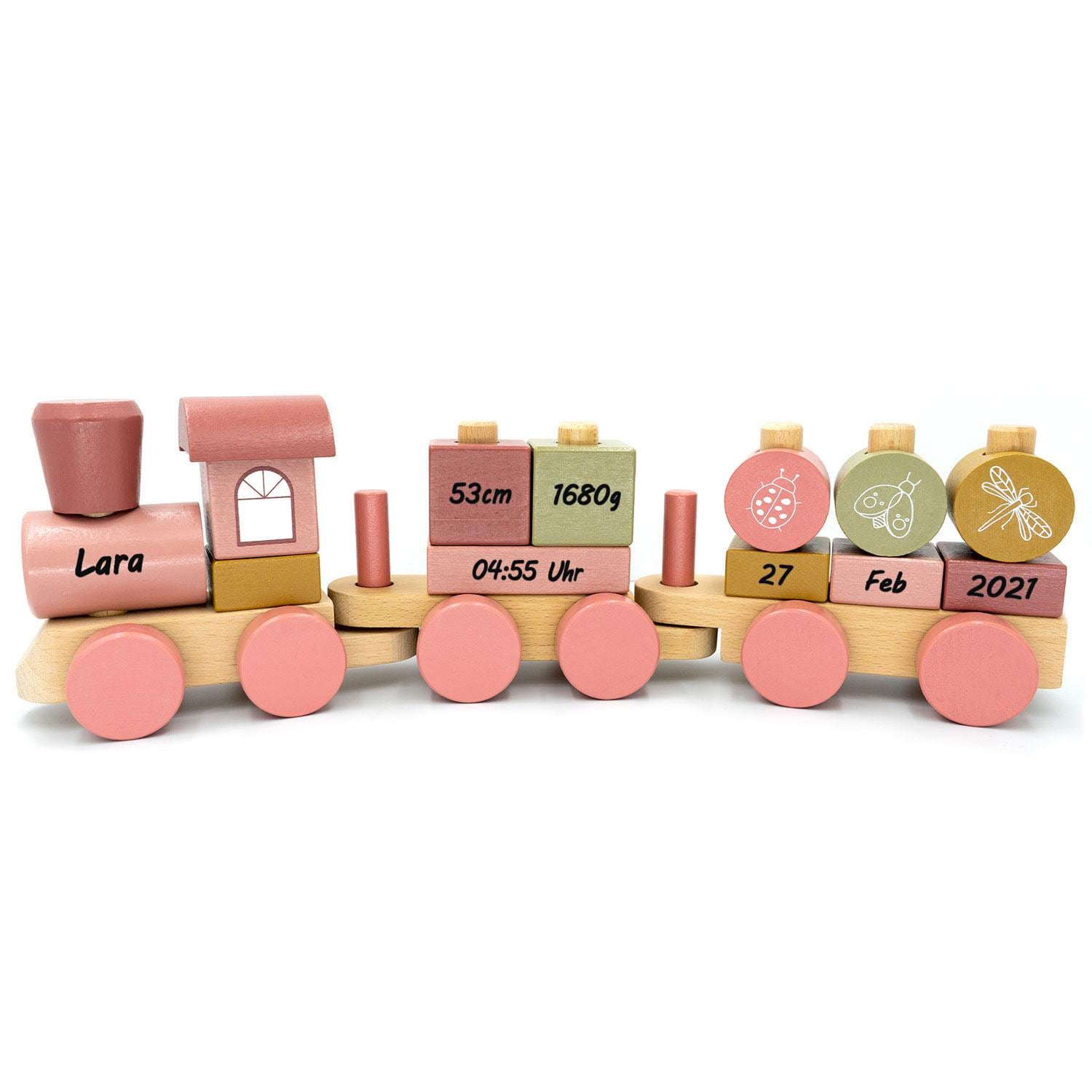 Tren de madera personalizado con nombre para bautizo