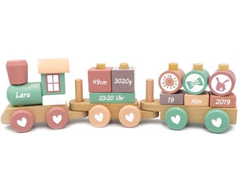 Locomotiva in legno con forme a forma di pannello forato, rosa | stampata, personalizzabile | per battesimi e nascite