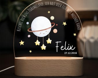 Dimmable acrylic night light, bedside lamp for babies and children. Personalized with name, date of birth, and saying.