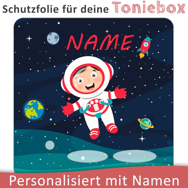 Toniebox Schutzfolie mit Namen personalisierbar | Astronaut Kind im Weltall | Schutz Folie