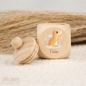 Personalized Dino Tooth Box, Wooden Milk Tooth Box, Milk Teeth Box with Name, Tooth Box with Screw Cap, Tooth Fairy, School Enrollment Gift