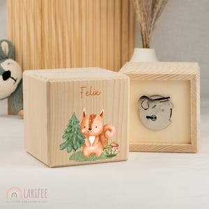 Personalized squirrel money box, children&#39;s money box, wooden money box with name, baptism gift, baby gift, school enrollment gift