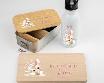 Set für Kinder: Brotzeitdose, Frühstücksbrett und Trinkflasche 500ml. Personalisiert mit Name