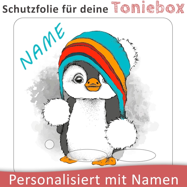 Toniebox protective film with name customizable | Penguin with hat in the snow | smudge-proof protective film | LED translucent