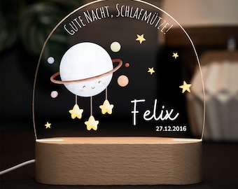 Dimmable acrylic night light, bedside lamp for babies and children. Personalized with name, date of birth, and saying.
