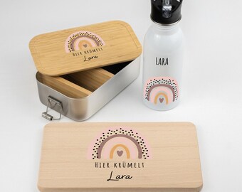 Set für Kinder: Brotzeitdose, Frühstücksbrett und Trinkflasche 500ml. Personalisiert mit Name
