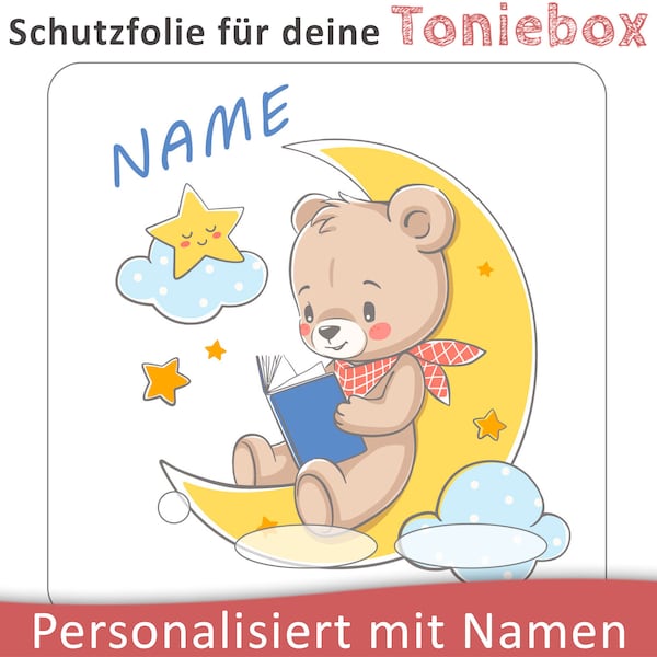 Toniebox protective film with name customizable | Teddy Bear Sits on the Moon and Reads a Goodnight Story | Protection film