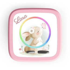 Può includere: Un contenitore quadrato rosa con un'illustrazione ad acquerello di un coniglietto con una corona di fiori e una farfalla. Il coniglietto è all'interno di un cerchio color arcobaleno. Il nome "Lara" è scritto in corsivo in alto.