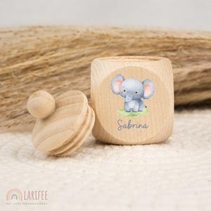 Personalized elephant tooth tin, wooden milk tooth tin, milk tooth tin with name, screw-top tooth tin, tooth fairy, school enrollment gift
