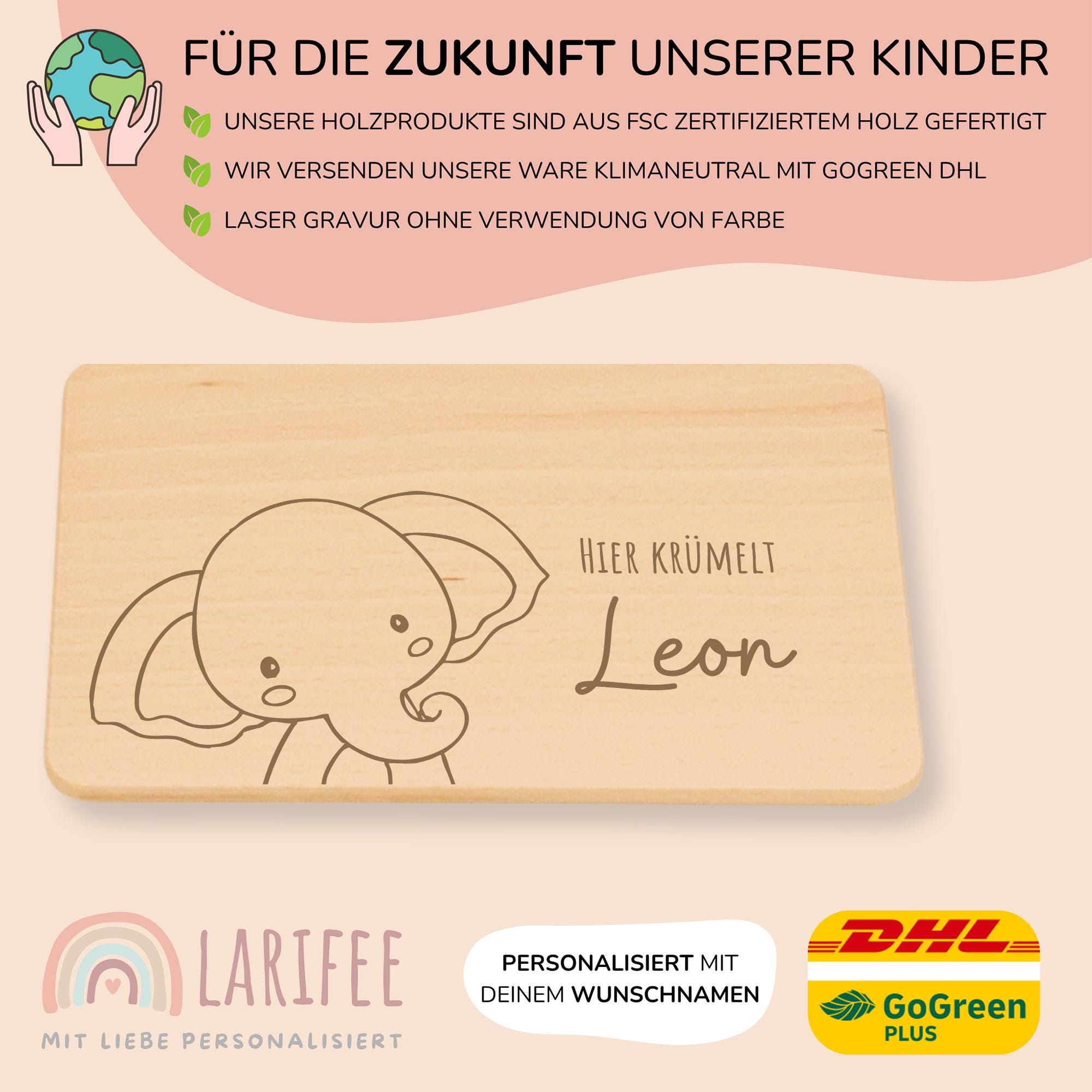 Frühstücksbrettchen Für Kinder Mit Elefant-Motiv, Aus Massivholz, Ca. 20 X 17 X 1 Cm – Spülmaschinenfest & Antibakteriell